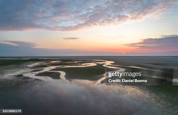 tidal channels on sand plain during colorful sunset above the sea - wattenmeer stock-fotos und bilder