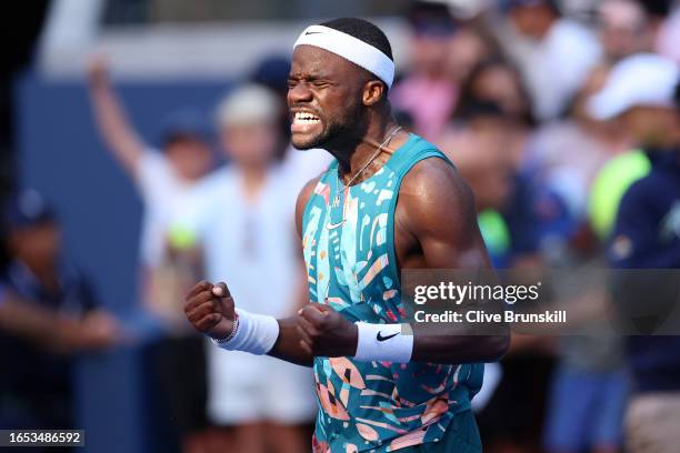 Frances Tiafoe of the United States celebrates after match point against Adrian Mannarino of France during their Men's Singles Third Round match on...