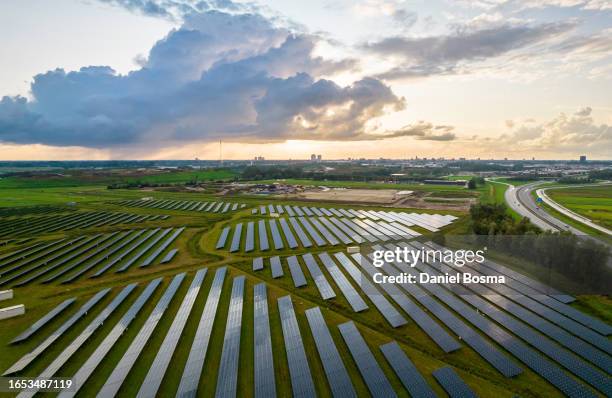 aerial photo of solar energy panels - groningen city stock-fotos und bilder