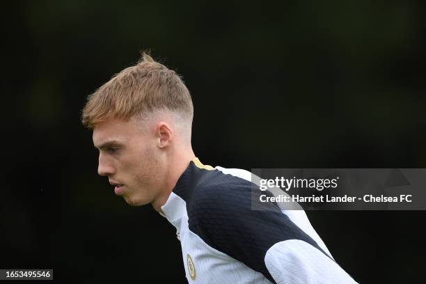 Cole Palmer of Chelsea in action during a Chelsea FC Training Session at Chelsea Training Ground on September 01, 2023 in Cobham, England.