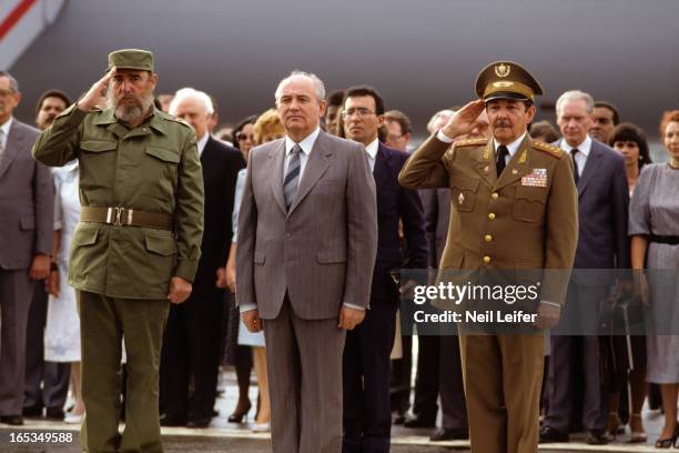 General Secretary of the Communist Party of the Soviet Union Mikhail Gorbachev with Cuban President Fidel Castro and Cuban Vice President Raul Castro...