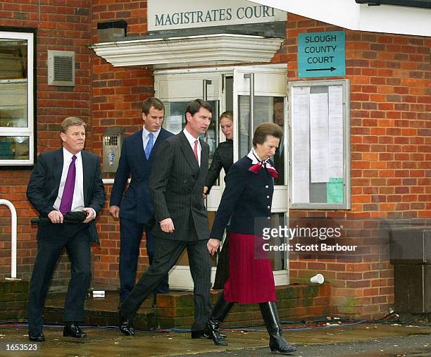Princess Anne leaves court after pleading guilty to a charge under the Dangerous Dogs Act November 21, 2002 at Slough Magistrates Court in Slough,...