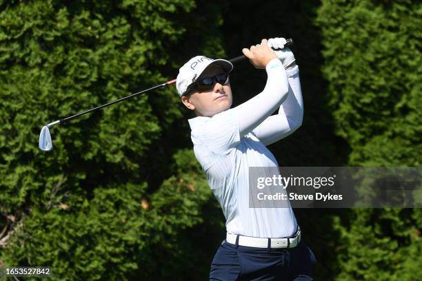 Charlotte Thomas of England plays her shot from the eighth tee during the second round of the Portland Classic at Columbia Edgewater Country Club on...