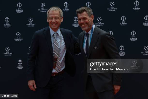 Jurgen Klinsmann and Zvonomir Boban pose on the Red Carpet for the UEFA 2023/24 European Club Football Season Kick-Off event at Grimaldi Forum on...