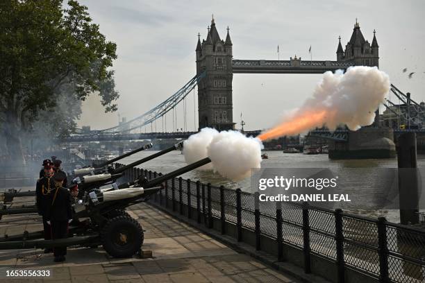 Gun Royal Salute is fired from Tower Wharf, beside The Tower of London by the Honourable Artillery Company, British Army, taking place to mark the...