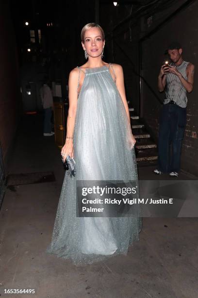 Lily Allen seen leaving the Duke of York's Theatre after her performance in "The Pillowman" on September 01, 2023 in London, England.