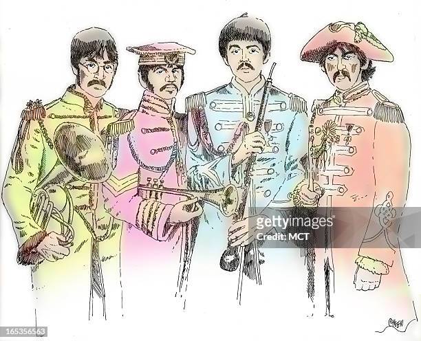 Col x 6.25 in / 196x159 mm / 667x540 pixels Tim Goheen color illustration of the Beatles in Sgt. Pepper garb.