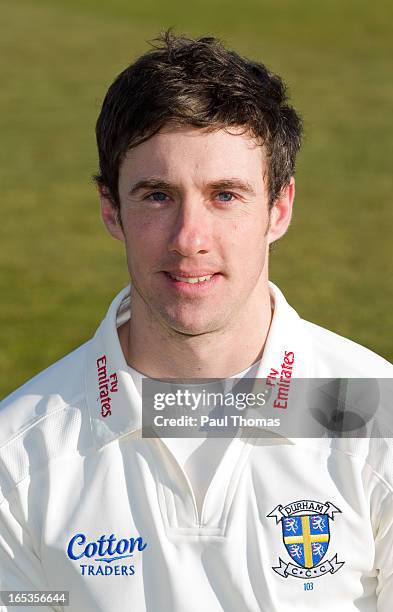 Will Smith of Durham CCC wears the LV= County Championship kit during a pre-season photocall at The Riverside on April 3, 2013 in Chester-le-Street,...