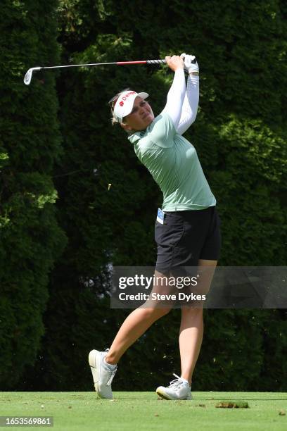 Nanna Koerstz Madsen of Denmark plays her shot from the eighth tee during the second round of the Portland Classic at Columbia Edgewater Country Club...