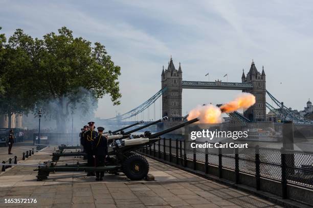 Members of the Honourable Artillery Company, the oldest regiment in the British Army, carry out a 62-gun salute from the Tower of London to mark the...