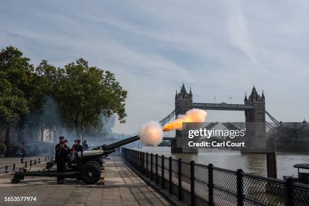 Members of the Honourable Artillery Company, the oldest regiment in the British Army, carry out a 62-gun salute from the Tower of London to mark the...