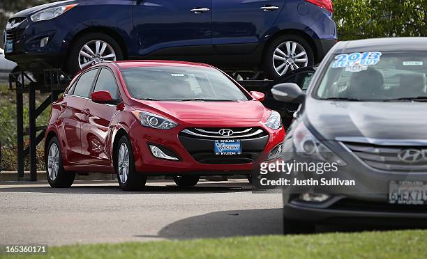 Brand new Hyundai Elantra is displayed on the sales lot at Petaluma Hyundai on April 3, 2013 in Petaluma, California. Hyundai and Kia announced a...