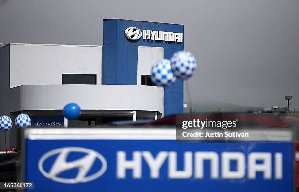 The Hyundai logo is displayed in front of Petaluma Hyundai on April 3, 2013 in Petaluma, California. Hyundai and Kia announced a recall of nearly 1.9...