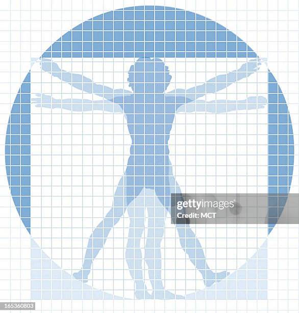 Jennifer Pritchard color illustration of Vitruvian Man in grid for health screening.