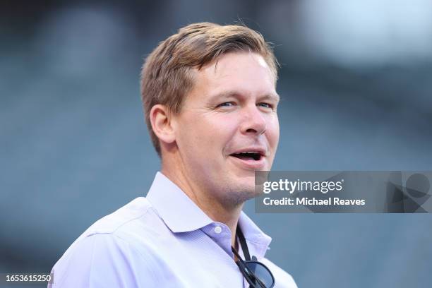 Newly-named senior vice president and general manager Chris Getz of the Chicago White Sox looks on during batting practice prior to the game against...