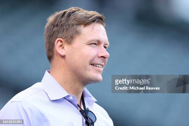 Newly-named senior vice president and general manager Chris Getz of the Chicago White Sox looks on during batting practice prior to the game against...