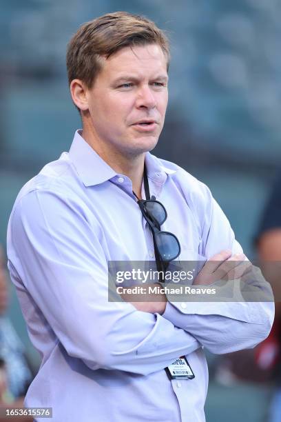 Newly-named senior vice president and general manager Chris Getz of the Chicago White Sox looks on during batting practice prior to the game against...