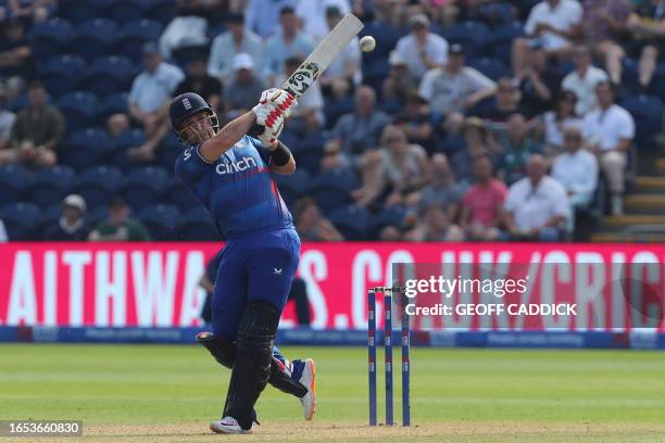 England's Liam Livingstone plays a shot during the first One Day International cricket match between England and New Zealand at Sophia Gardens in...