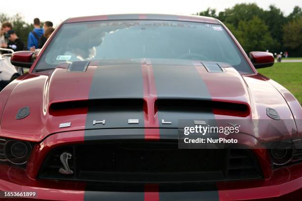 Ford Mustang Shelby logo seen during the Heli Moto Picnic organized at the Polish Aviation Museum on September 3, 2023 in Krakow, Poland.