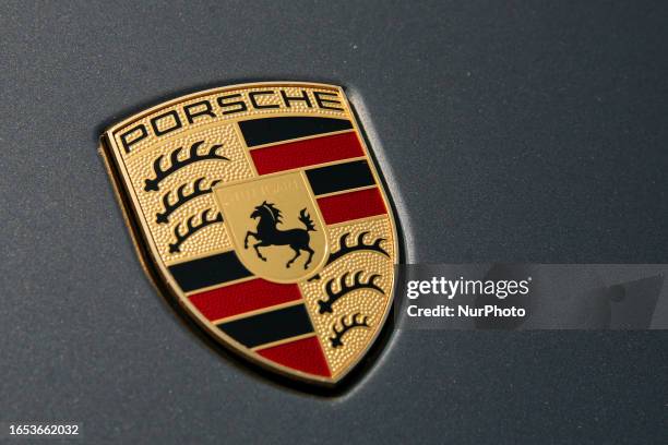 Porsche logo seen during the Heli Moto Picnic organized at the Polish Aviation Museum on September 3, 2023 in Krakow, Poland.