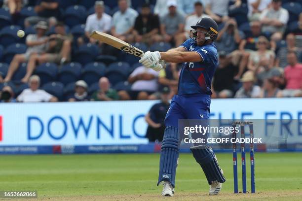 England's David Willey plays a shot during the first One Day International cricket match between England and New Zealand at Sophia Gardens in...