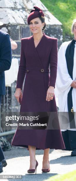 Catherine, Princess of Wales visits St Davids Cathedral to commemorate the life of Her Late Majesty Queen Elizabeth II with a small private service,...