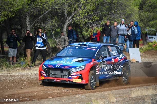 Lambros Athanasoulas of Greece and Nikolaos Zakchaios of Greece are competing with their Hyundai I20 N during Day One of the FIA World Rally...