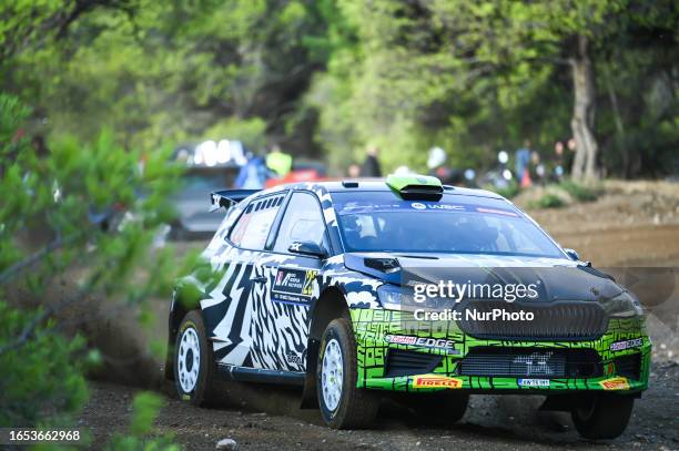 Oliver Solberg of Sweden and Elliott Edmondson of Great Britain are competing with their Skoda Fabia RS during Day One of the FIA World Rally...