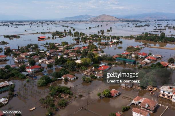 Flooded homes and buildings following heavy rain in Palamas in Karditsa region, Greece, on Friday, Sept. 8, 2023. After suffering deadly wildfires...
