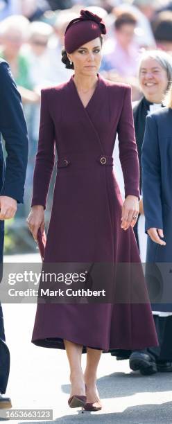 Catherine, Princess of Wales visits St Davids Cathedral to commemorate the life of Her Late Majesty Queen Elizabeth II with a small private service,...