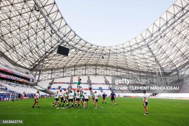 Scotland's players take part in a training session at the Velodrome stadium in Marseille, on September 8 two days before the France 2023 Rugby World...