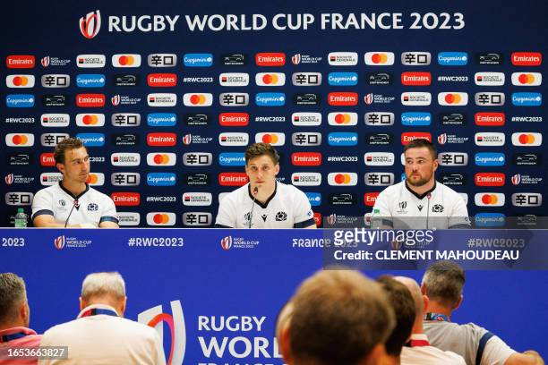 Scotland's flanker and captain Jamie Ritchie, Scotland's flanker, Rory Darge and Scotland's prop Zander Fagerson give a press conference at the...