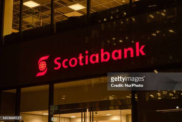 Toronto, ON, Canada The logo and brand sign of Scotiabank in downtown Toronto