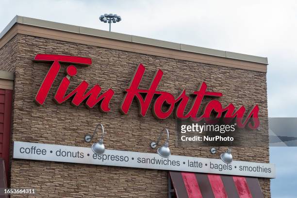 Toronto, ON, Canada View at the sign of the Canadian famous cafe Tim Hortons