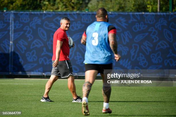 Georgia's head coach Levan Maisashvili takes part in the captain run training session at the French National Institute of Sport, Expertise, and...