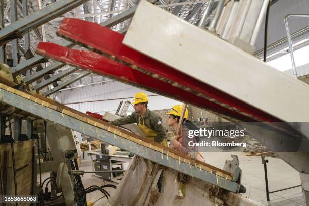 Workers assemble wood pieces into boards at the Center for Technological Woodworking Development in Machagai, Chaco province, Argentina, on...