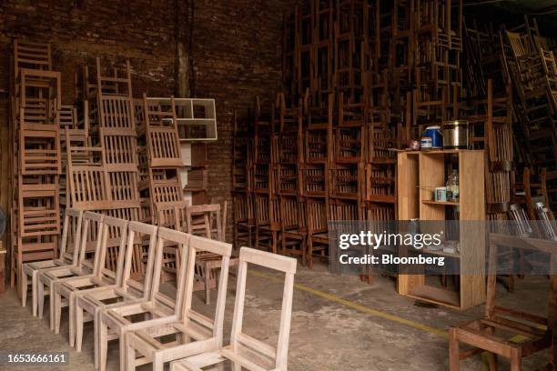 Stock of wood chairs at a wood shop in Machagai, Chaco province, Argentina, on Wednesday, Sept. 6, 2023. The majority state-owned Chaco Forestry...