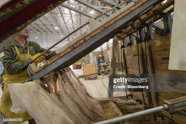 Worker assembles wood pieces into boards at the Center for Technological Woodworking Development in Machagai, Chaco province, Argentina, on...