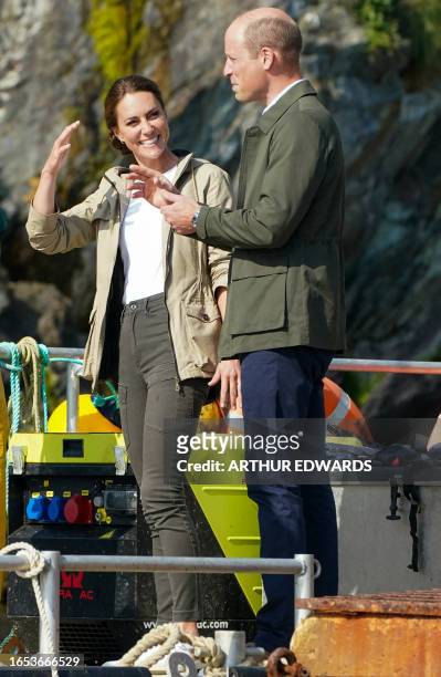 Britain's Prince William, Prince of Wales and Britain's Catherine, Princess of Wales visit the Câr-Y-Môr Seaweed Farm in south-west Wales on...