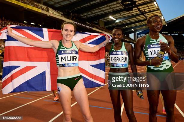Great-Britain's Laura Muir celebrates after winning the Women 1500m event of the Brussels IAAF Diamond League athletics meeting on September 8, 2023...