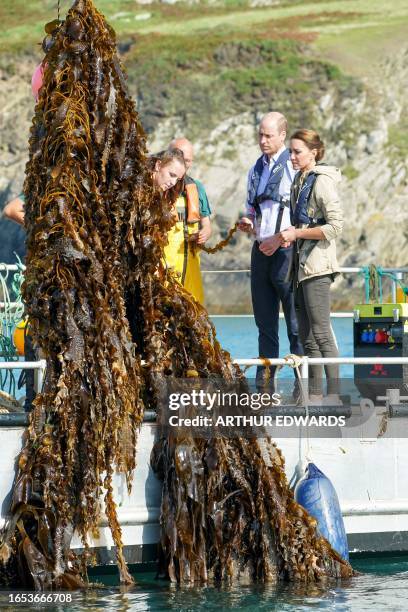 Britain's Prince William, Prince of Wales and Britain's Catherine, Princess of Wales visit the Câr-Y-Môr Seaweed Farm in south-west Wales on...