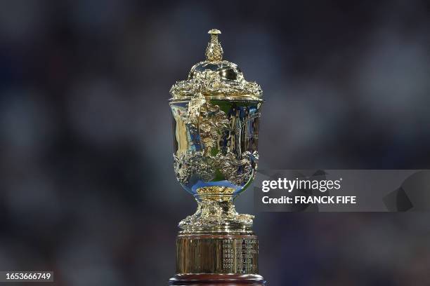 The Webb Ellis Cup stands ahead of the France 2023 Rugby World Cup Pool A match between France and New Zealand at the Stade de France in Saint-Denis,...