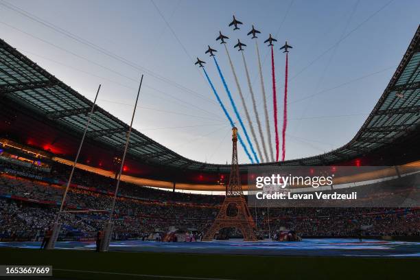 French air force show during the opening ceremony prior to the Rugby World Cup France 2023 match between France and New Zealand at Stade de France on...