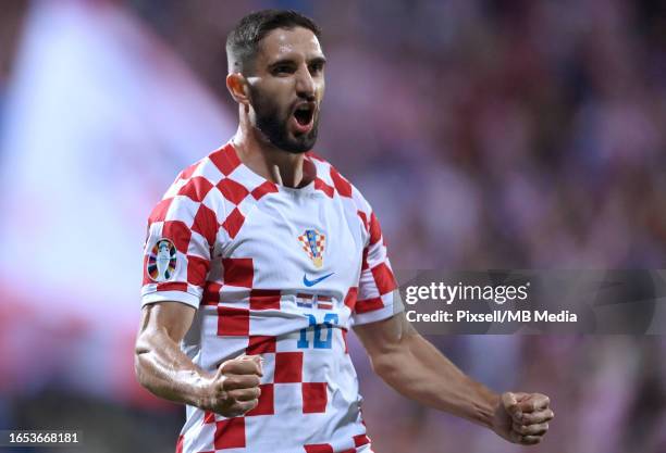 Luka Ivanusec of Croatia celebrates goal during the UEFA EURO 2024 European qualifier match between Croatia and Latvia at Stadion HNK Rijeka on...