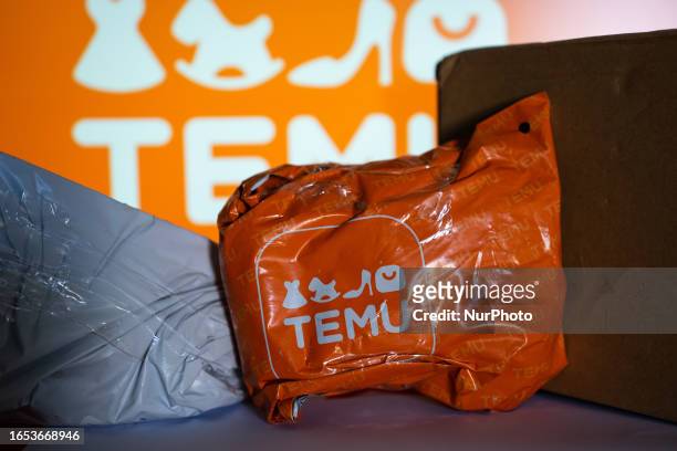 Package from Temu among with other packages, in front of a screen with the logo of Temu.