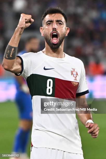 Bruno Fernandes of Portugal celebrates after scoring opening goal during the UEFA EURO 2024 European qualifier match between Slovakia and Portugal at...