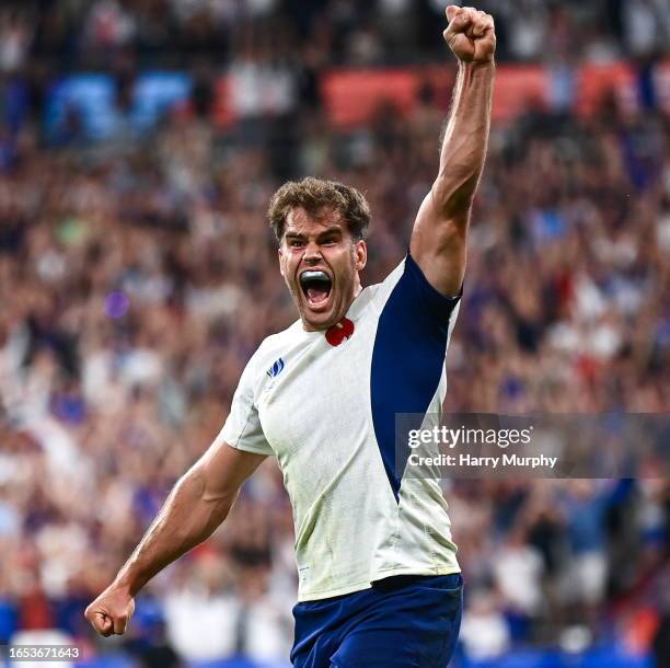 Paris , France - 8 September 2023; Damien Penaud of France celebrates after his side's second try, scored by Melvyn Jaminet, during the 2023 Rugby...