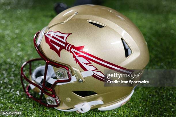 Florida State Seminoles helmet rests on the sideline during the Camping World Kickoff Game between the LSU Tigers and the Florida State Seminoles on...