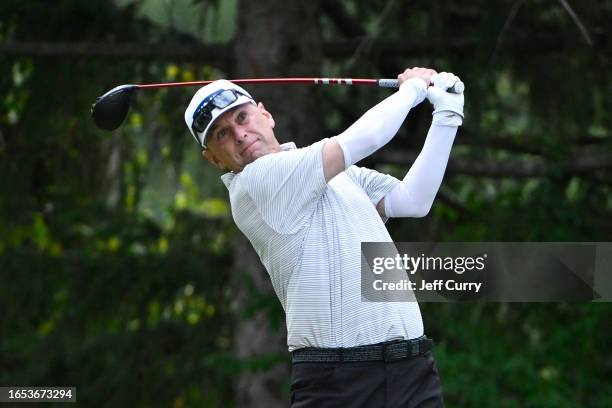 Kevin Sutherland hits his first shot on the ninth hole during the first round of the Ascension Charity Classic at Norwood Hills Country Club on...