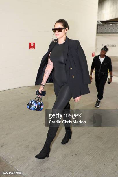 Amanda Zahui B of the Indiana Fever arrives to the arena before the game against the Connecticut Sun on September 8, 2023 at the Mohegan Sun Arena in...